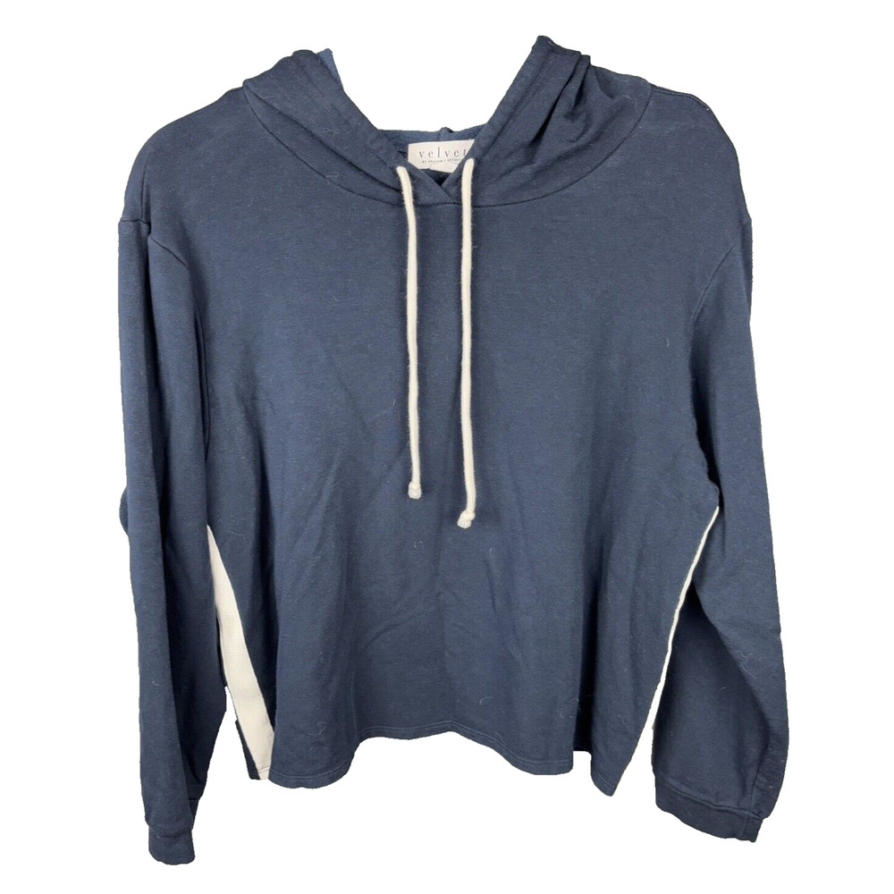 Velvet by Graham & Spencer Boxy Pullover Hoodie Womens M Blue White Side Stripes